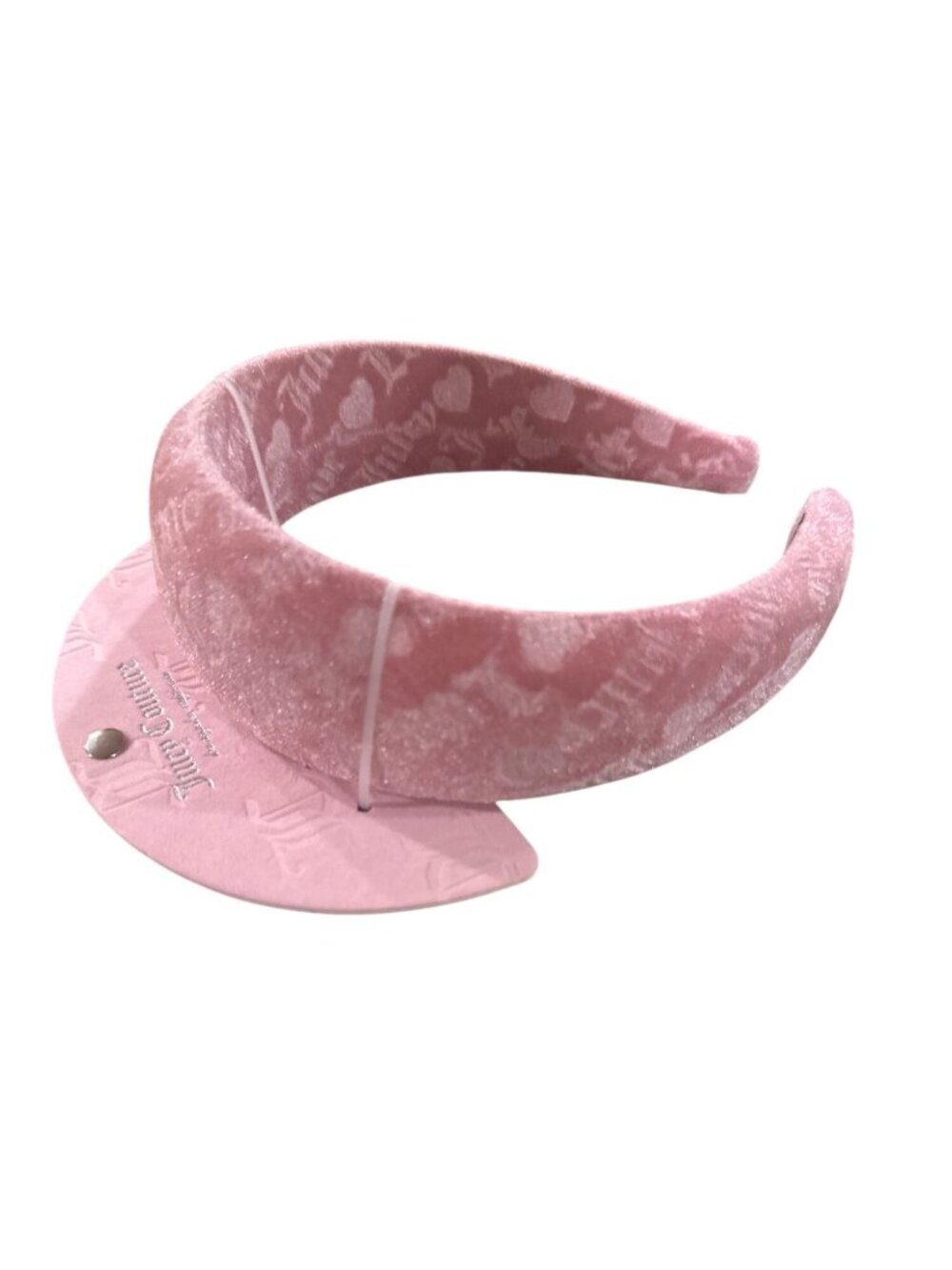 Juicy Couture Pink Velvet Plush Spa Headband With Embossed Logo & Heart Pattern
